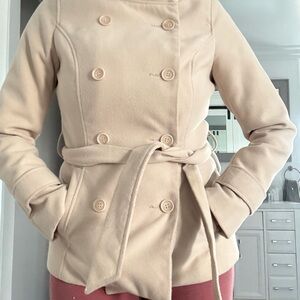H&M Women's Cream Double-Breasted Pea Coat